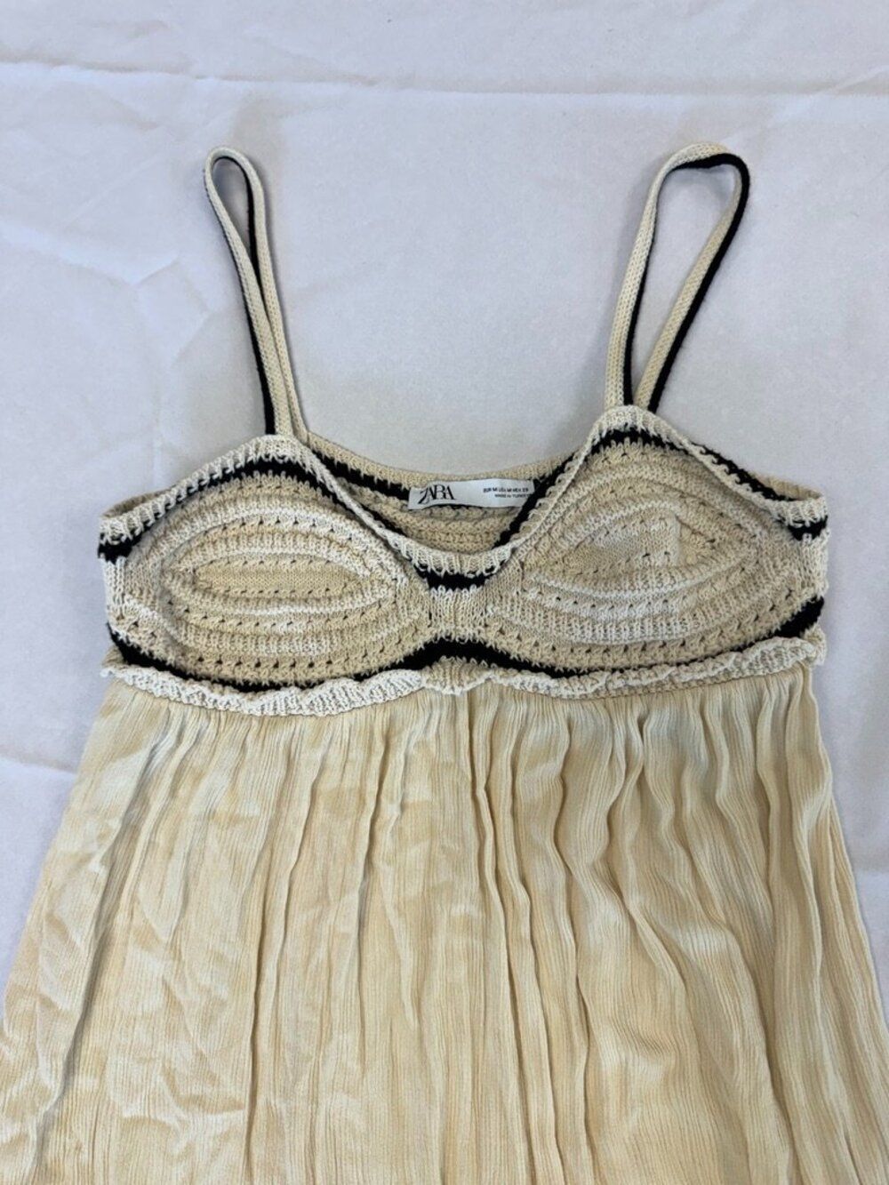 Zara Ecru Crochet Knit Maxi Dress Babydoll Silhouette Black Trim Size M Rare - Picture 4 of 11